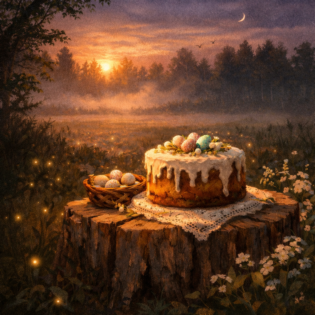 An Easter cake placed on a tree stump in a glowing forest clearing.
