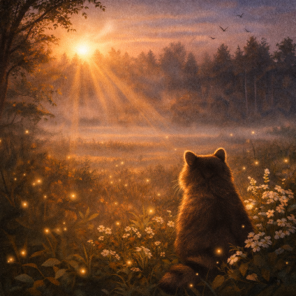 A raccoon sitting peacefully in a glowing meadow at dawn.