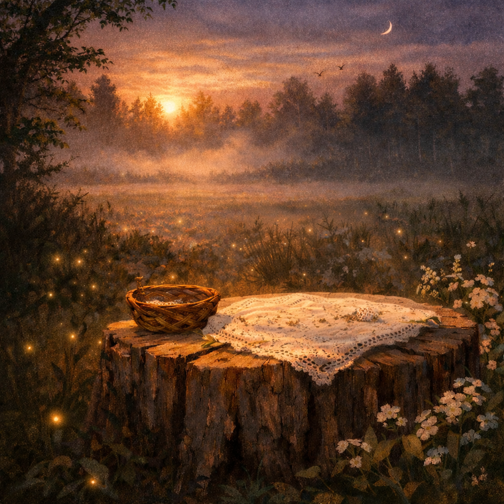 An empty tree stump in the forest where a cake once sat, now gone.
