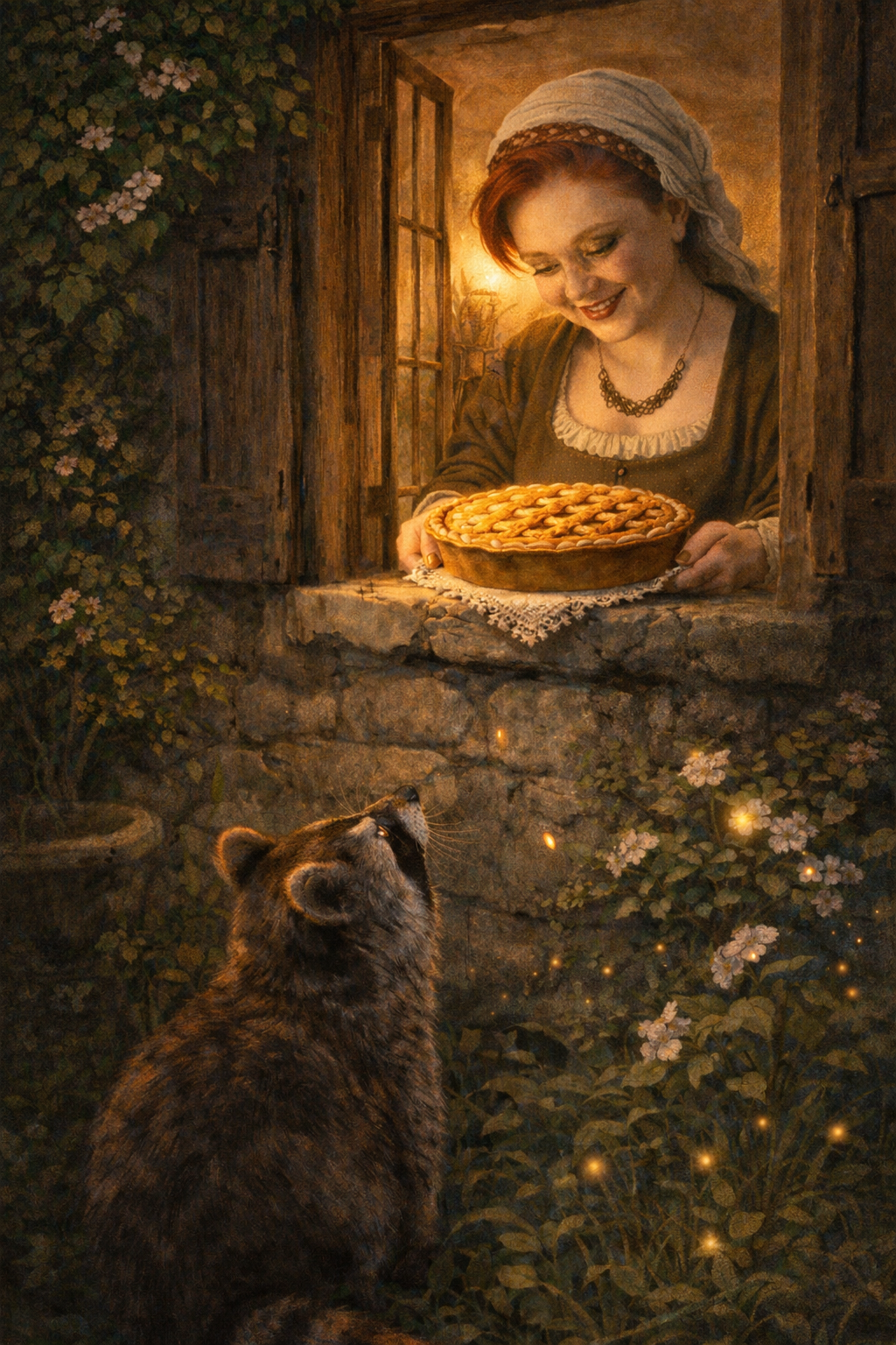 A woman at a cottage window lowering a pie toward a raccoon below.