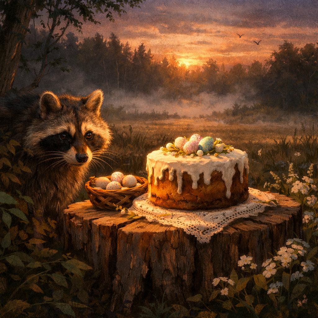 A raccoon approaching an Easter cake in a misty woodland clearing.